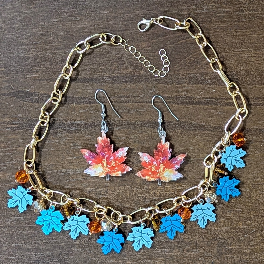 Autumn Leaves and Crystals Acrylic Gold Chain Necklace & Earrings, Reversible